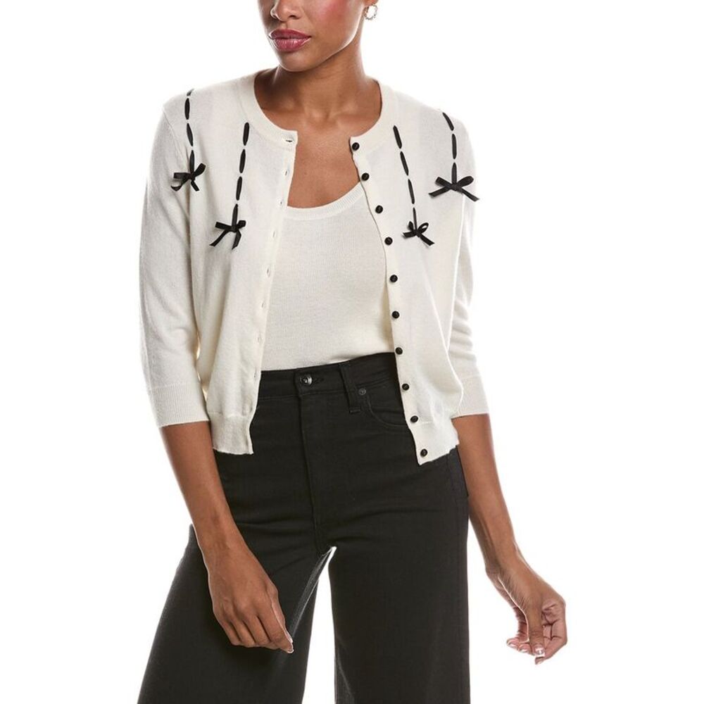 Autumn Cashmere Womens  Black Ribbon 100% Cashmere Cardigan, White
